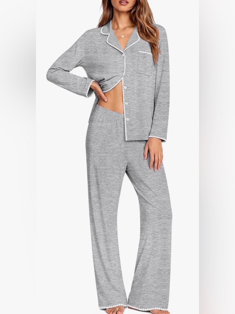 Elegant Gray Knit Two-Piece Pajama Set with Contrast Trim